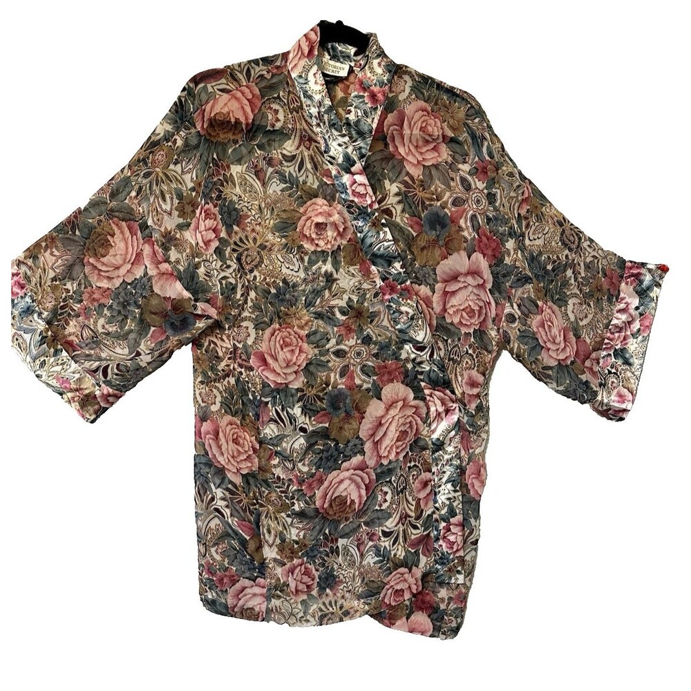 Vintage Victoria’s Secret Gold Label Robe Kimono Floral Paisley Pink Green OS